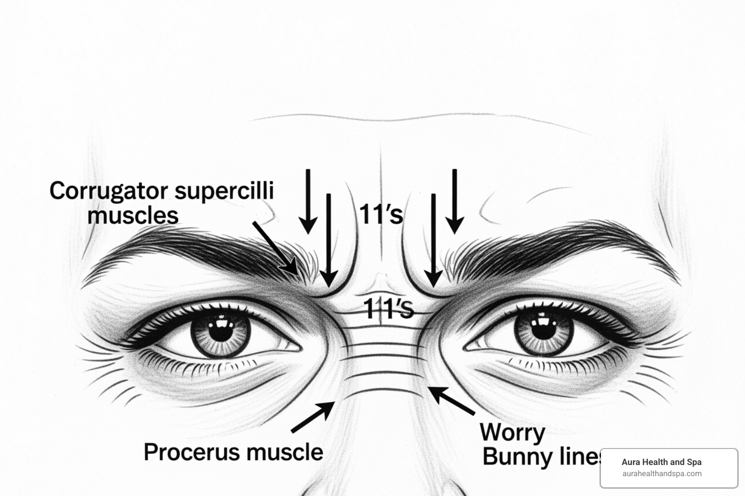 Image comparing the vertical "11 lines" from corrugator muscles with the horizontal lines from the procerus muscle. The image shows arrows indicating the direction of muscle pull and the resulting wrinkle patterns. - procerus muscle botox