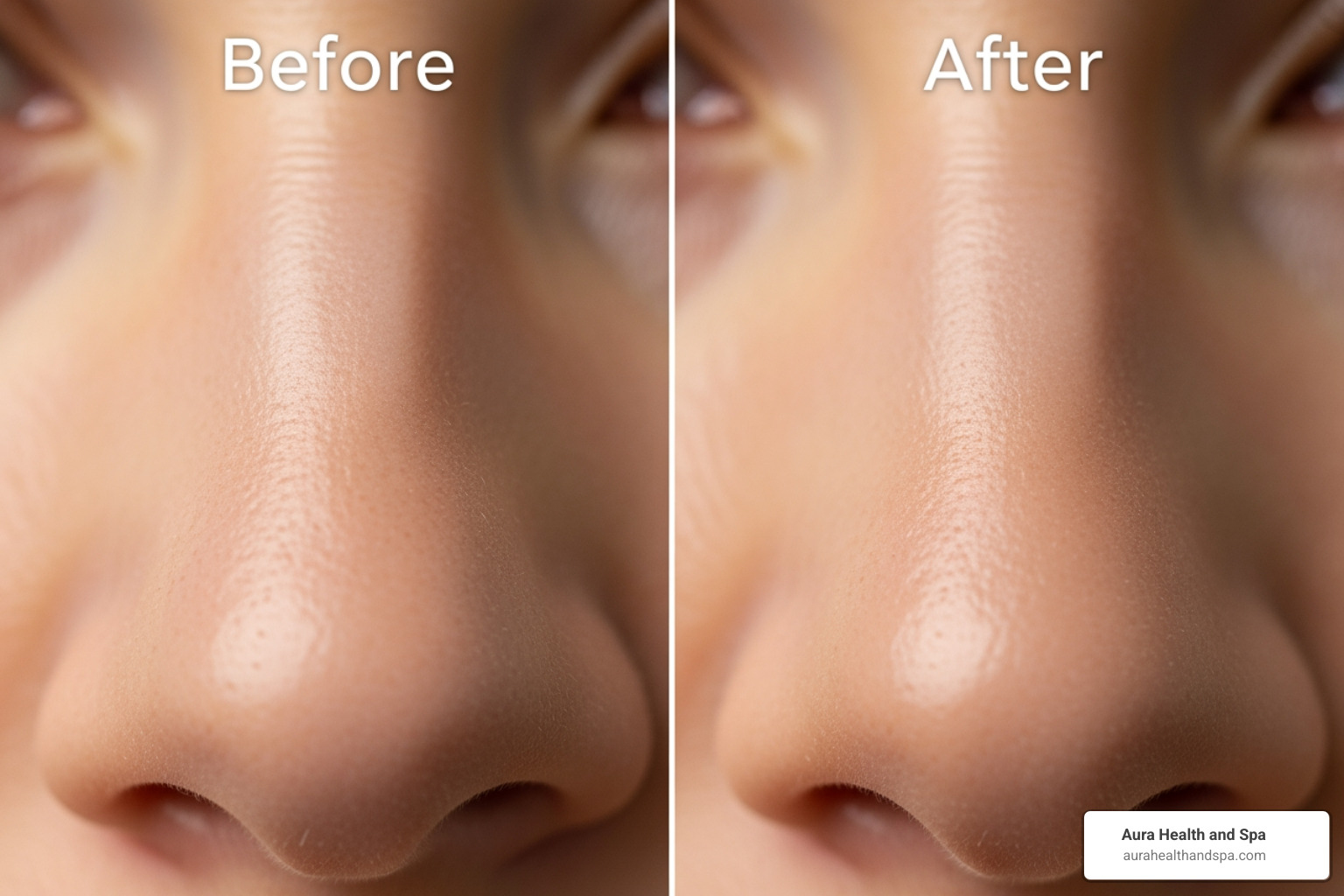 Subtle before-and-after photo showing smoothed horizontal nose lines on the bridge of the nose. - procerus muscle botox