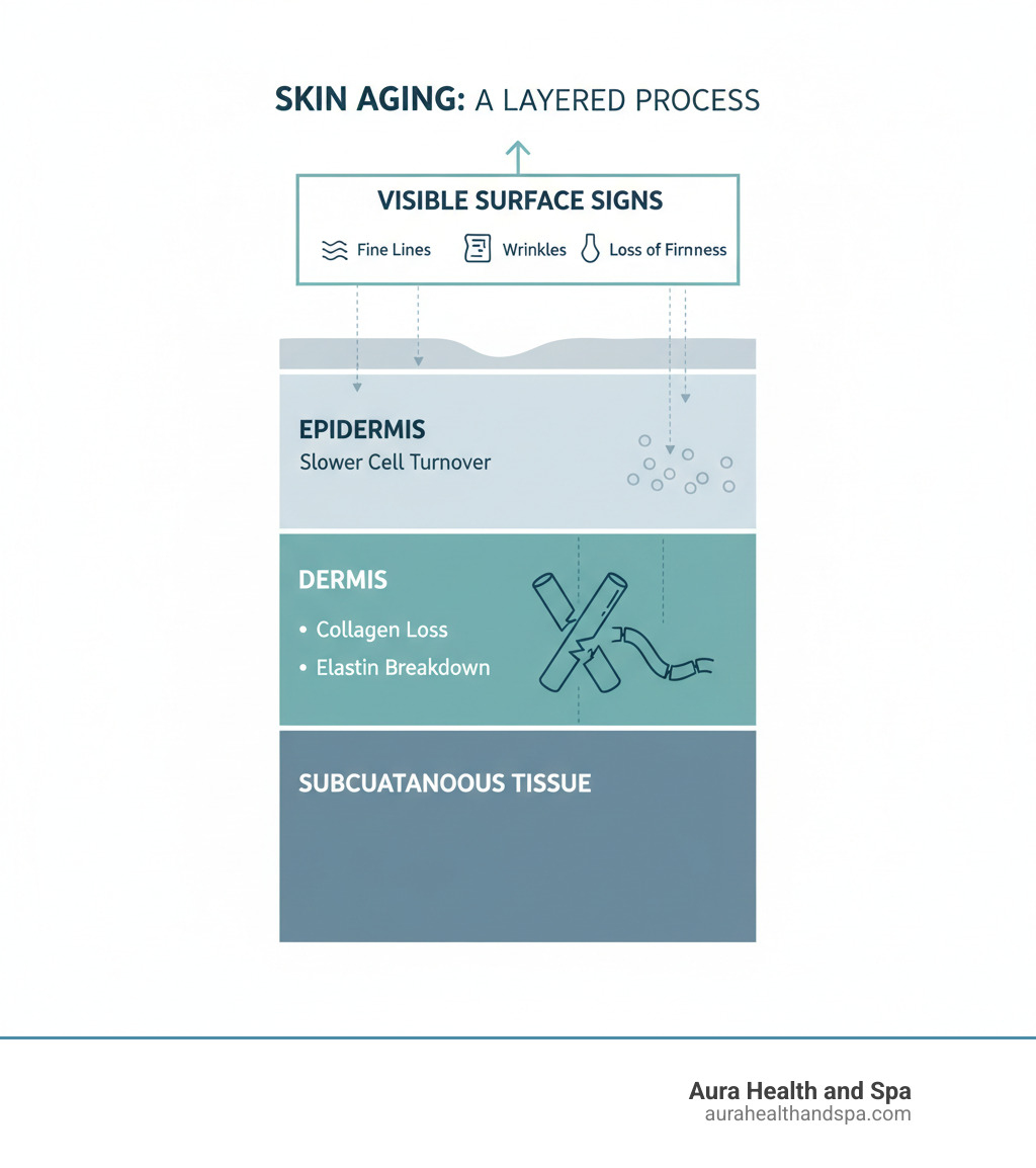 infographic showing skin layers and where aging signs appear including epidermis with slower cell turnover, dermis with collagen loss and elastin breakdown, and visible surface signs like fine lines wrinkles and loss of firmness - anti aging facial infographic 