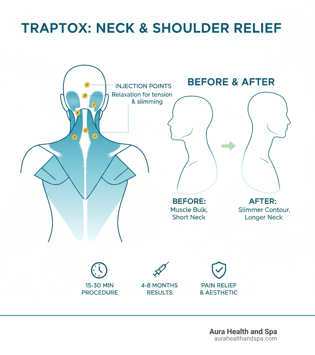 Detailed infographic showing the trapezius muscle location spanning from the lower neck across the shoulders to the upper back, with injection points marked in the upper portion of the muscle, and visual comparison of before/after effects including reduced muscle bulk and improved neck length - botox trapezius muscle infographic 