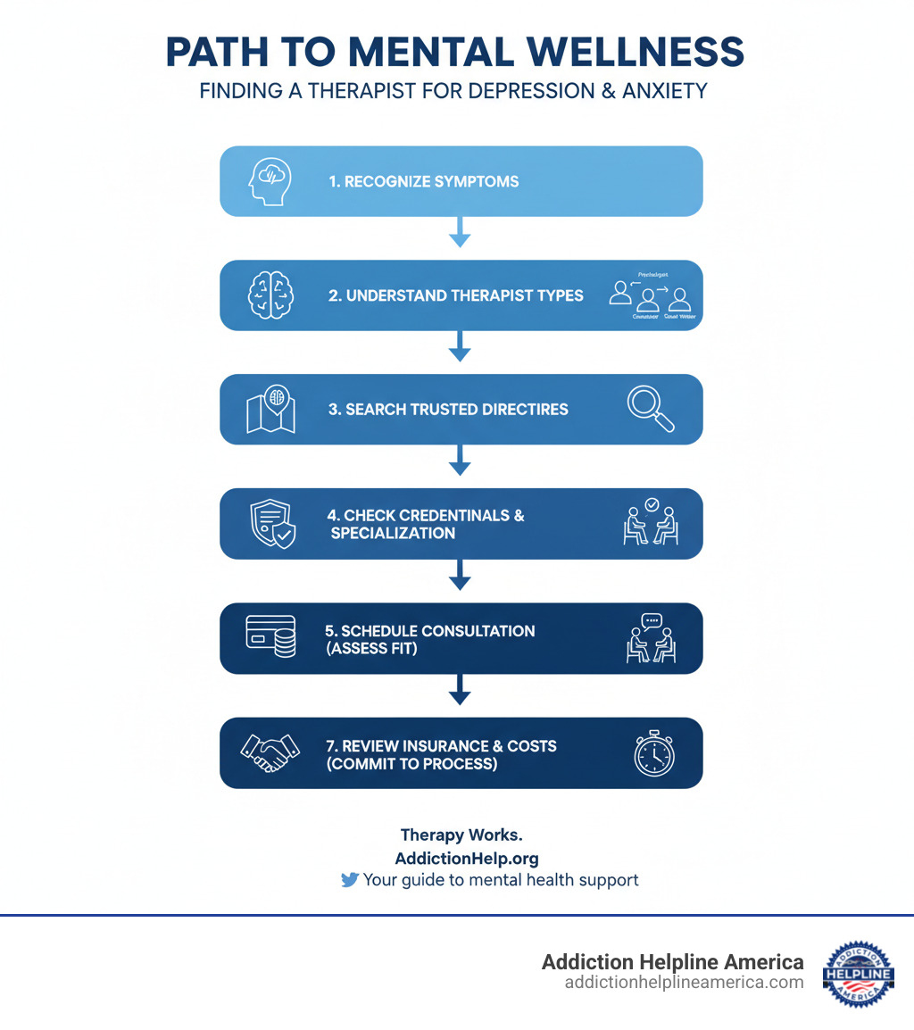 infographic showing step-by-step process: 1. Recognize symptoms of depression and anxiety 2. Understand different types of therapists (psychologist, psychiatrist, counselor, social worker) 3. Search using trusted directories and referrals 4. Check credentials and specialization 5. Schedule consultation to assess fit 6. Review insurance coverage and costs 7. Begin therapy with commitment to the process - therapist for depression and anxiety infographic infographic showing step-by-step process: 1. Recognize symptoms of depression and anxiety 2. Understand different types of therapists (psychologist, psychiatrist, counselor, social worker) 3. Search using trusted directories and referrals 4. Check credentials and specialization 5. Schedule consultation to assess fit 6. Review insurance coverage and costs 7. Begin therapy with commitment to the process - therapist for depression and anxiety infographic