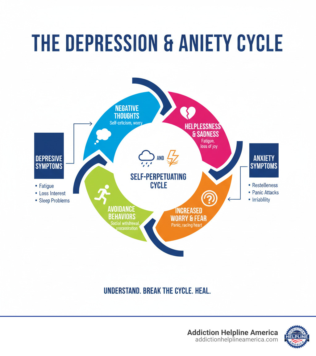 Detailed infographic showing the interconnected cycle of depression and anxiety symptoms, including how negative thoughts lead to avoidance behaviors, which increase worry and fear, which then deepen feelings of hopelessness and sadness, creating a self-perpetuating cycle with arrows indicating the relationship between depressive symptoms like fatigue and loss of interest and anxiety symptoms like restlessness and panic - treatment for depression and anxiety infographic Detailed infographic showing the interconnected cycle of depression and anxiety symptoms, including how negative thoughts lead to avoidance behaviors, which increase worry and fear, which then deepen feelings of hopelessness and sadness, creating a self-perpetuating cycle with arrows indicating the relationship between depressive symptoms like fatigue and loss of interest and anxiety symptoms like restlessness and panic - treatment for depression and anxiety infographic
