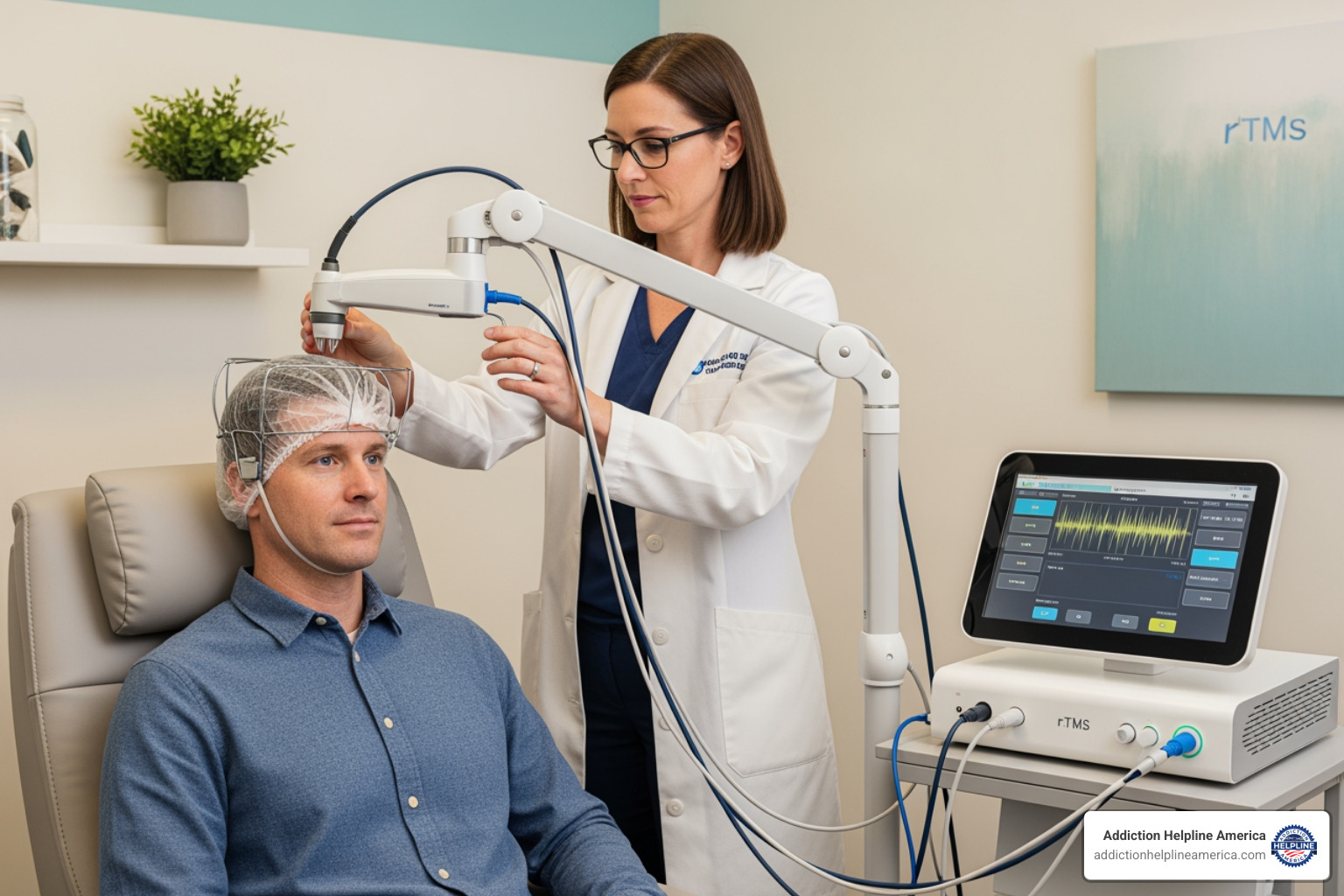 Patient receiving repetitive Transcranial Magnetic Stimulation (rTMS) therapy for depression - treatment for depression and anxiety Patient receiving repetitive Transcranial Magnetic Stimulation (rTMS) therapy for depression - treatment for depression and anxiety