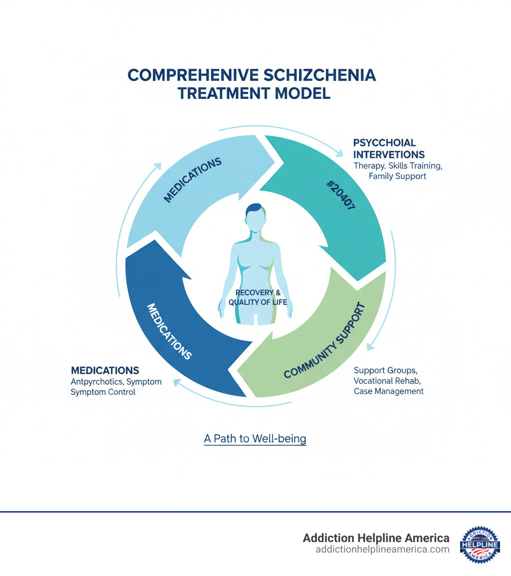Comprehensive schizophrenia treatment model showing three interconnected pillars: Medications (antipsychotics for symptom control), Psychosocial Interventions (therapy, skills training, family support), and Community Support (support groups, vocational rehab, case management), all surrounding a central figure representing recovery and quality of life - treatment and schizophrenia infographic Comprehensive schizophrenia treatment model showing three interconnected pillars: Medications (antipsychotics for symptom control), Psychosocial Interventions (therapy, skills training, family support), and Community Support (support groups, vocational rehab, case management), all surrounding a central figure representing recovery and quality of life - treatment and schizophrenia infographic