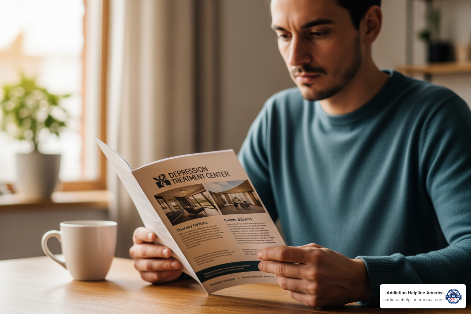 person thoughtfully looking at a brochure for a treatment center - depression recovery center person thoughtfully looking at a brochure for a treatment center - depression recovery center