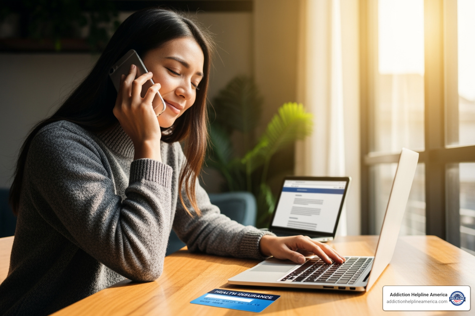 person on phone looking relieved with insurance card and laptop - depression recovery center person on phone looking relieved with insurance card and laptop - depression recovery center