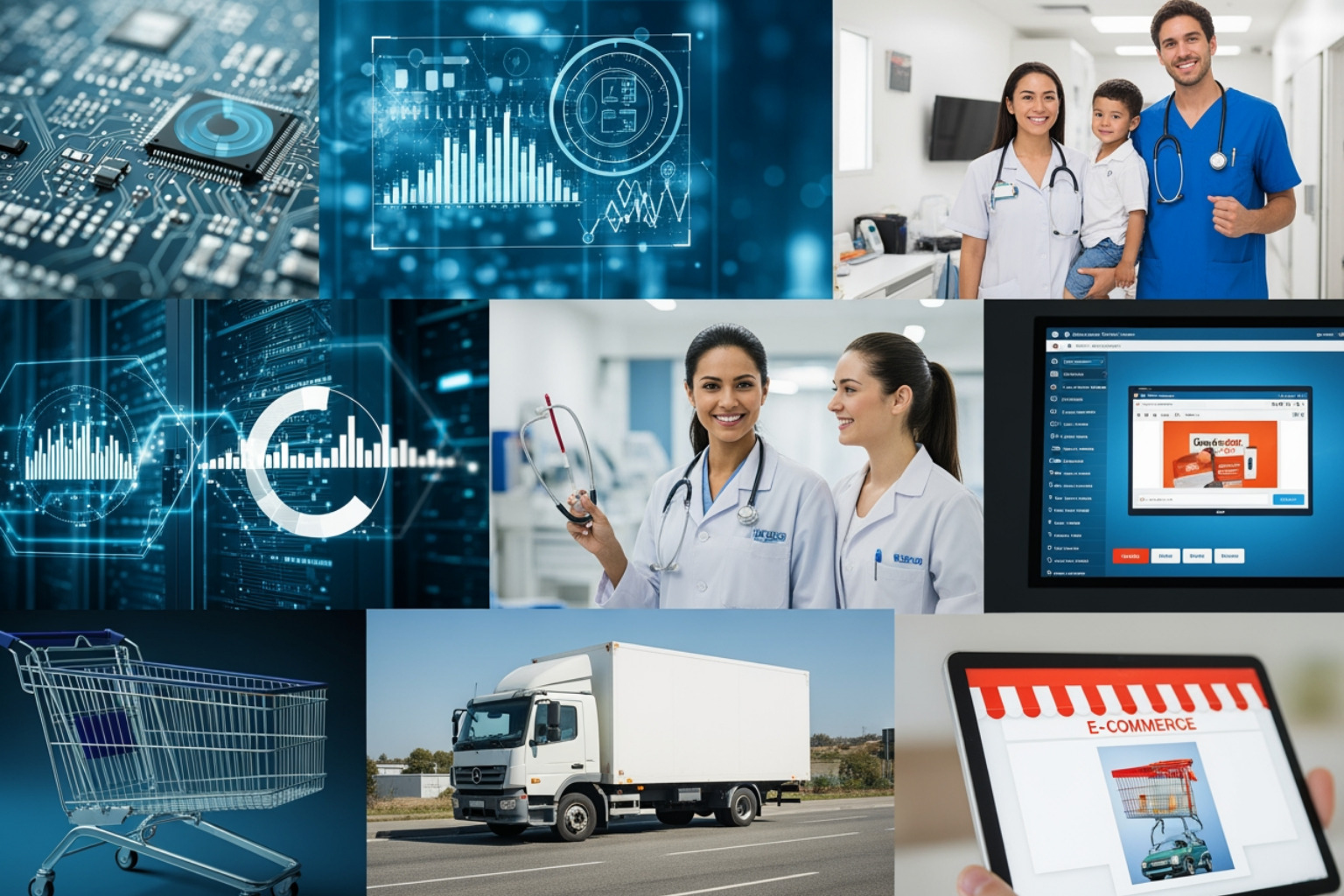 collage representing different industries like tech, health, and e-commerce - high demand business collage representing different industries like tech, health, and e-commerce - high demand business