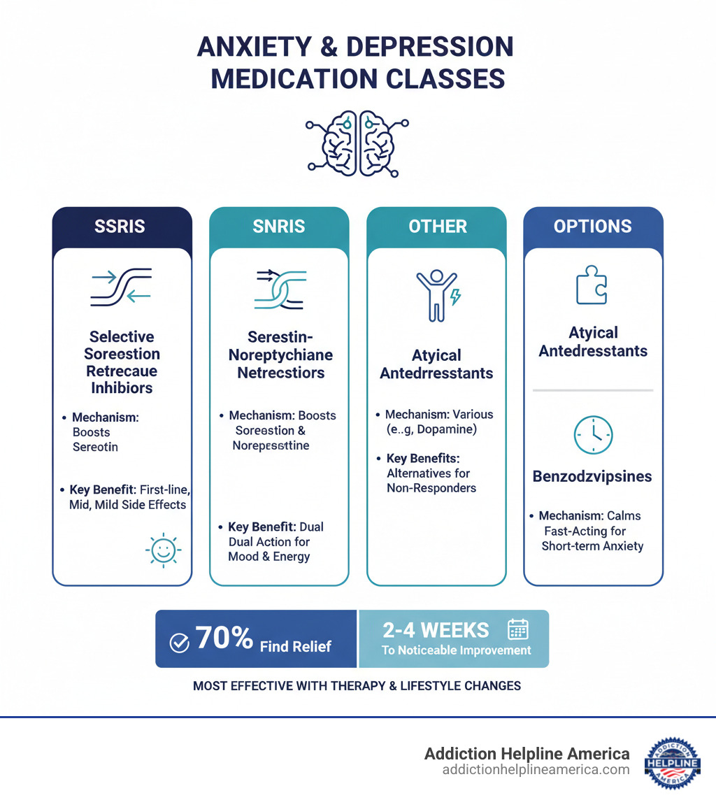 infographic explaining medication classes for anxiety and depression, showing SSRIs, SNRIs, and other options with their mechanisms of action and key benefits - drug for anxiety and depression infographic infographic explaining medication classes for anxiety and depression, showing SSRIs, SNRIs, and other options with their mechanisms of action and key benefits - drug for anxiety and depression infographic