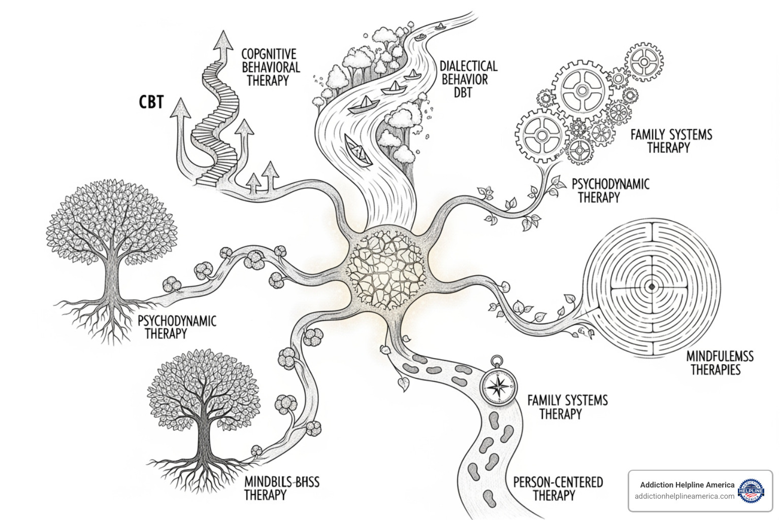 diagram showing different therapy approaches branching from a central point - bipolar disorder psychotherapy diagram showing different therapy approaches branching from a central point - bipolar disorder psychotherapy