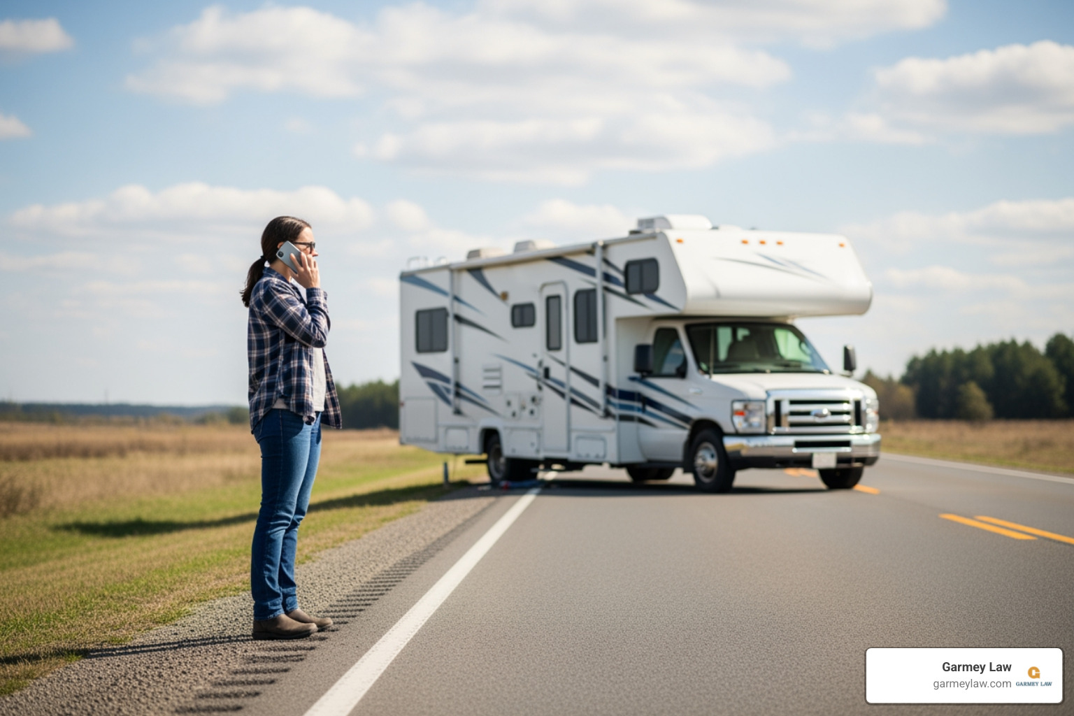 Person safely on the phone by the side of the road after an accident - RV accident lawyer Person safely on the phone by the side of the road after an accident - RV accident lawyer