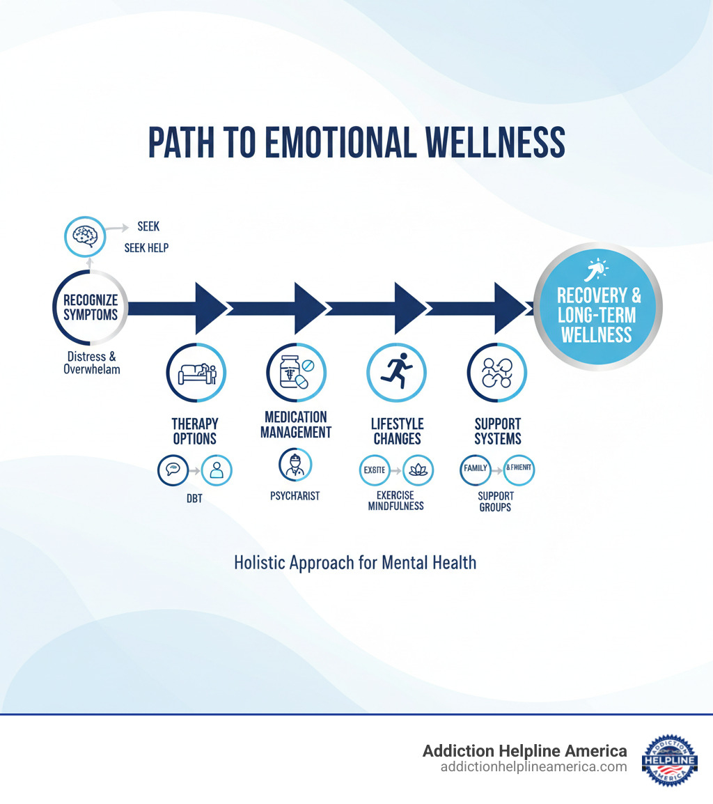infographic showing the pathway to emotional breakdown treatment: recognizing symptoms leads to seeking help, which connects to therapy options including CBT and DBT, medication management through psychiatrists, lifestyle changes like exercise and mindfulness, and building support systems through family and groups, all contributing to recovery and long-term wellness - emotional breakdown treatment infographic infographic showing the pathway to emotional breakdown treatment: recognizing symptoms leads to seeking help, which connects to therapy options including CBT and DBT, medication management through psychiatrists, lifestyle changes like exercise and mindfulness, and building support systems through family and groups, all contributing to recovery and long-term wellness - emotional breakdown treatment infographic