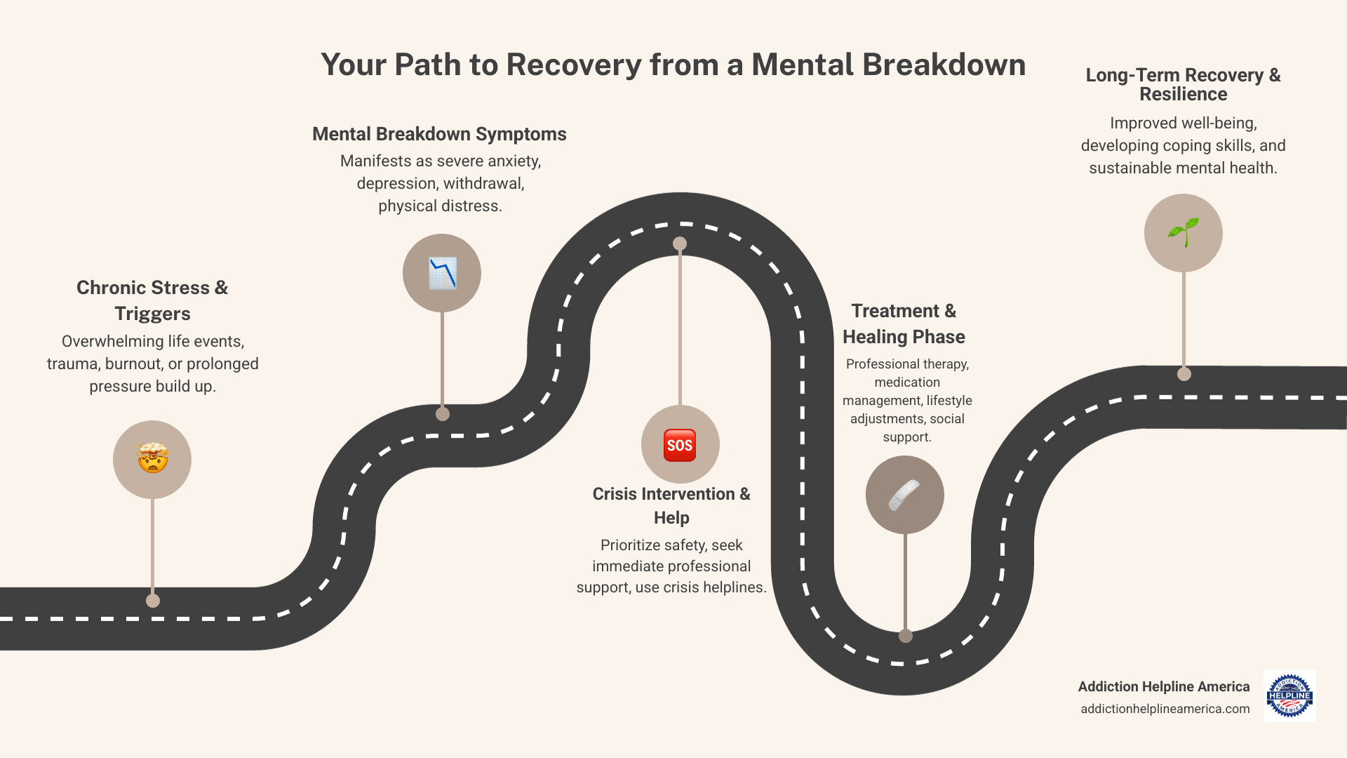 Infographic showing the progression from chronic stress and overwhelming life events to mental breakdown symptoms (anxiety, depression, withdrawal, physical symptoms), followed by the treatment pathway including crisis intervention, professional therapy, medication management, lifestyle changes, and social support leading to recovery and improved coping skills - mental breakdown treatment infographic roadmap-5-steps