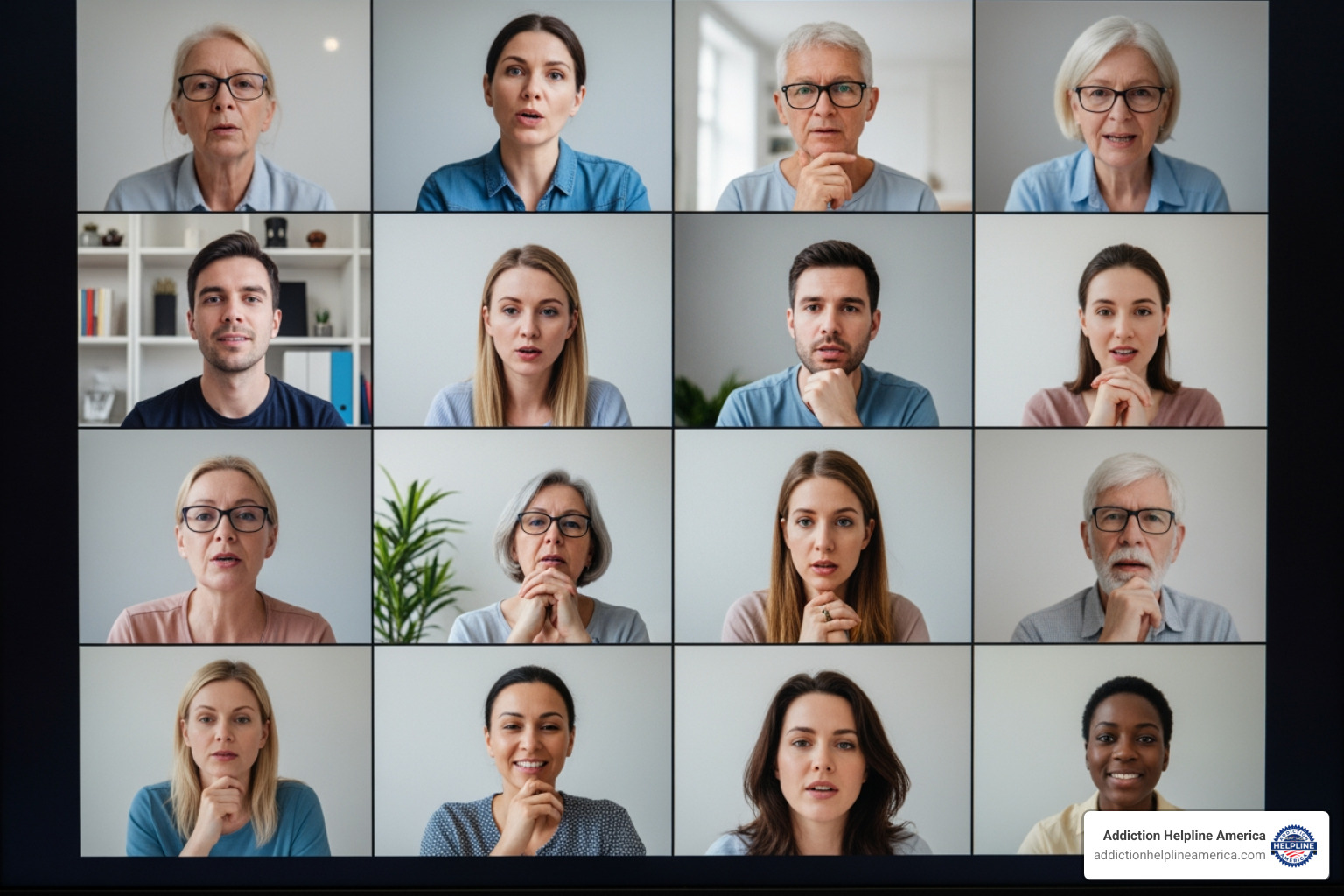 A diverse group of people in a grid view on a computer screen, representing a virtual group therapy session - virtual alcohol rehab A diverse group of people in a grid view on a computer screen, representing a virtual group therapy session - virtual alcohol rehab