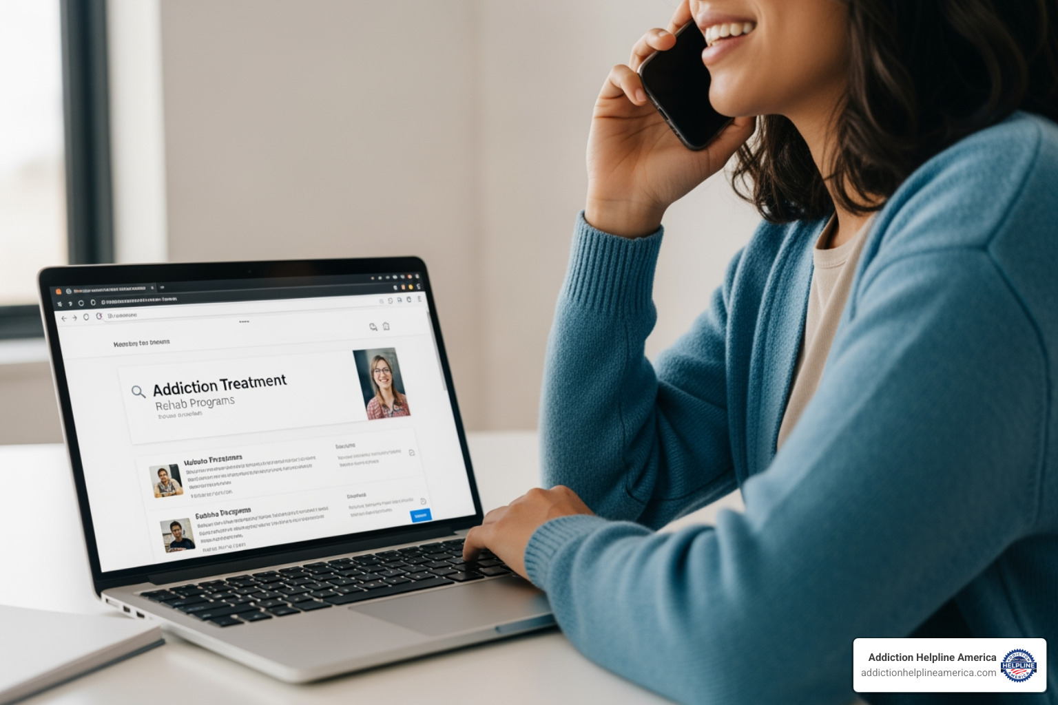 A person on the phone, looking hopeful, with a laptop open to a treatment search page - virtual alcohol rehab A person on the phone, looking hopeful, with a laptop open to a treatment search page - virtual alcohol rehab