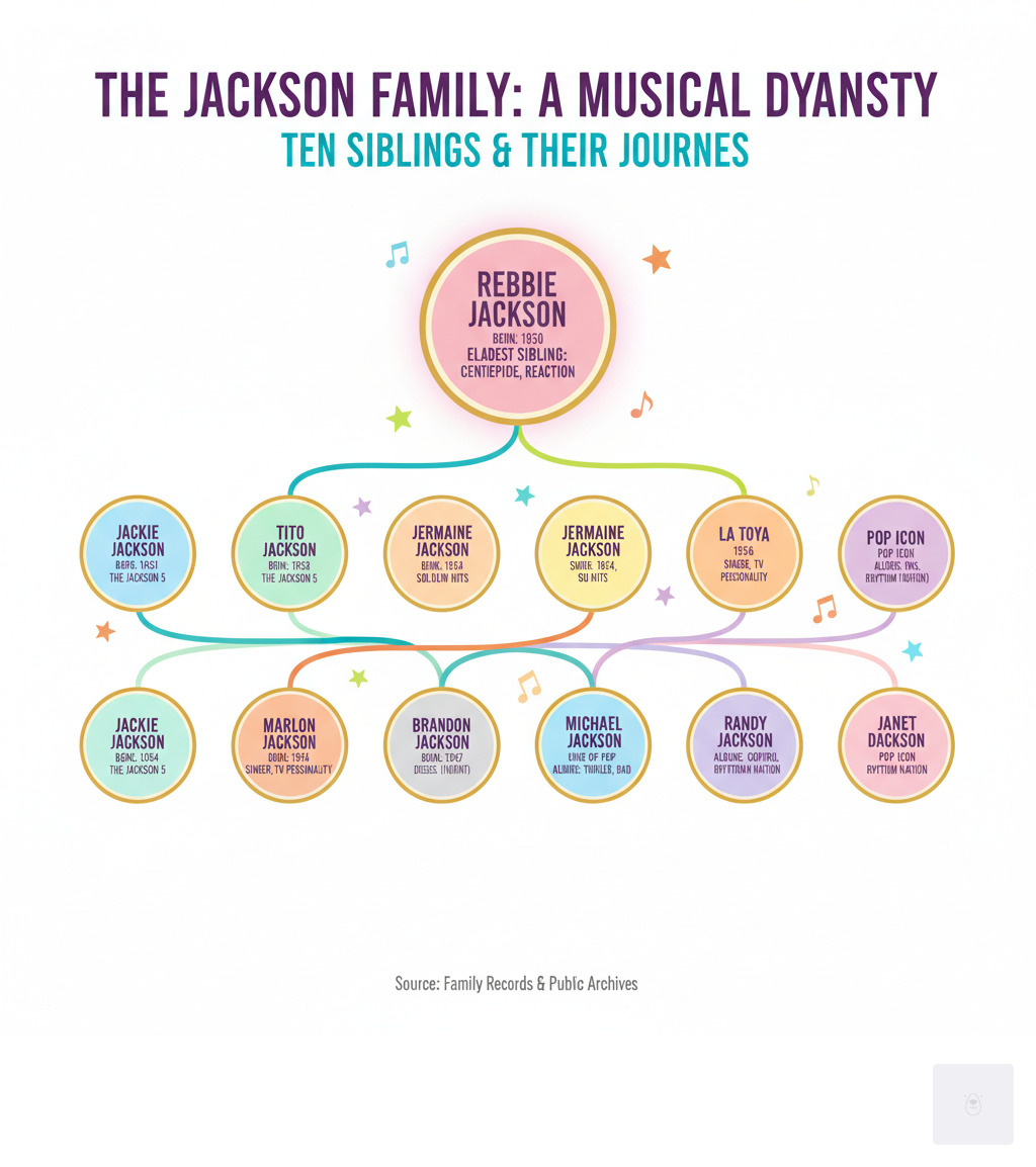 Infographic showing the Jackson family tree with all ten siblings, highlighting Rebbie Jackson as the eldest child born in 1950, followed by Jackie, Tito, Jermaine, La Toya, Marlon, Brandon (deceased), Michael, Randy, and Janet, with their birth years and notable achievements - rebbie jackson infographic 