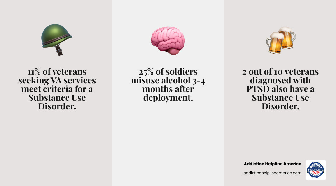 infographic showing the connection between military service factors like combat exposure, PTSD, TBI, chronic pain, and military sexual trauma leading to increased risk of alcohol use disorder, with statistics showing 11% of VA-seeking veterans have SUD, 25% of post-deployment soldiers misuse alcohol, and 2 in 10 PTSD veterans have co-occurring SUD - veterans alcohol treatment infographic infographic showing the connection between military service factors like combat exposure, PTSD, TBI, chronic pain, and military sexual trauma leading to increased risk of alcohol use disorder, with statistics showing 11% of VA-seeking veterans have SUD, 25% of post-deployment soldiers misuse alcohol, and 2 in 10 PTSD veterans have co-occurring SUD - veterans alcohol treatment infographic
