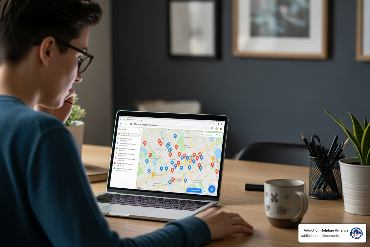A person using a laptop to search "mental health treatment near me" on a map, with local clinic pins appearing - mental health treatment near me A person using a laptop to search "mental health treatment near me" on a map, with local clinic pins appearing - mental health treatment near me