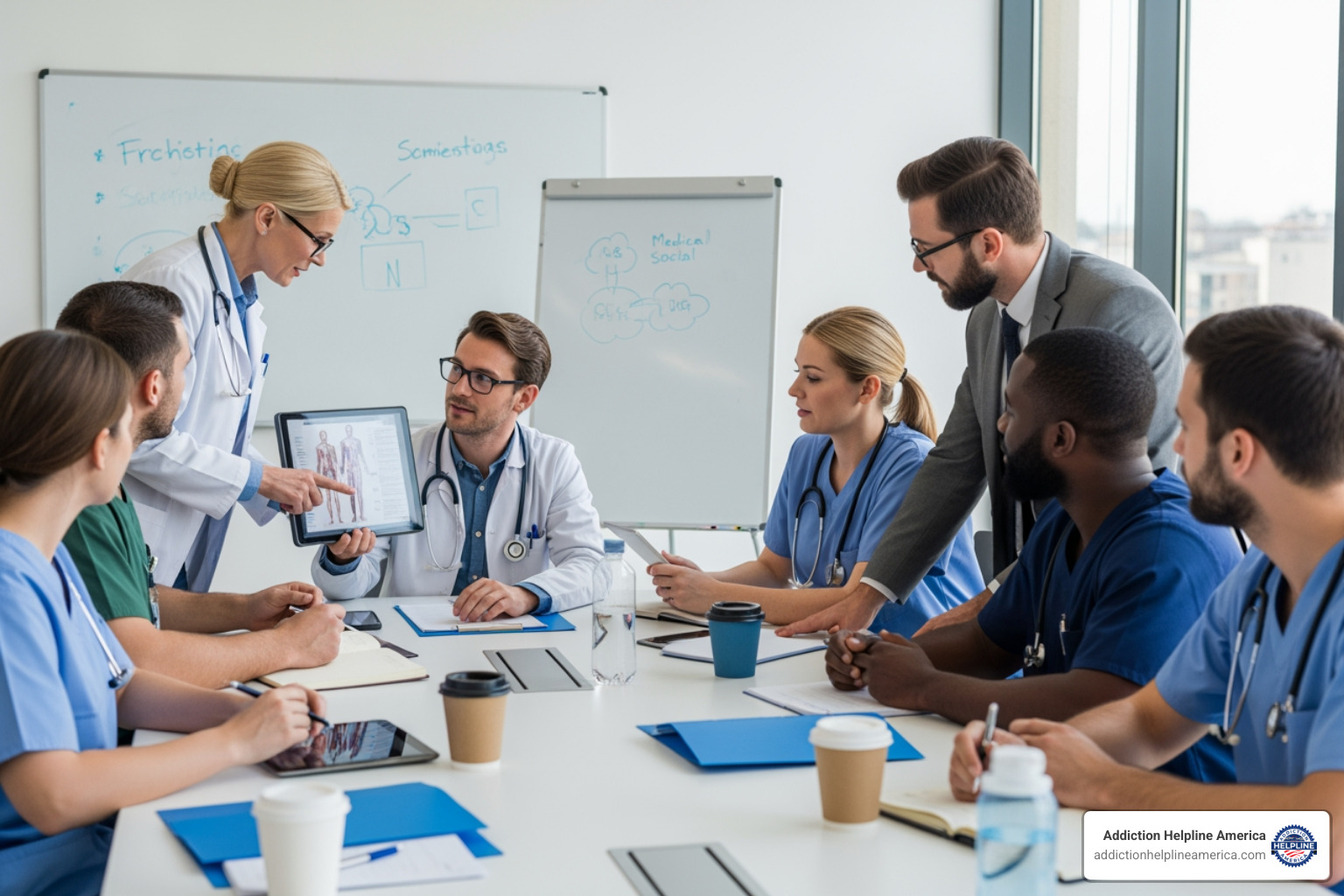 A diverse team of healthcare professionals (doctors, therapists, nurses) collaborating in a meeting, showing multidisciplinary expertise - mental health treatment near me A diverse team of healthcare professionals (doctors, therapists, nurses) collaborating in a meeting, showing multidisciplinary expertise - mental health treatment near me