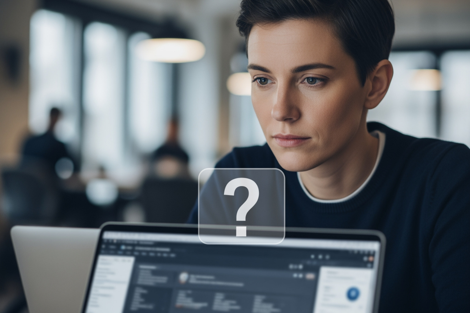 person looking thoughtfully at laptop screen with question mark icon overlay - low income apartments in natomas sacramento