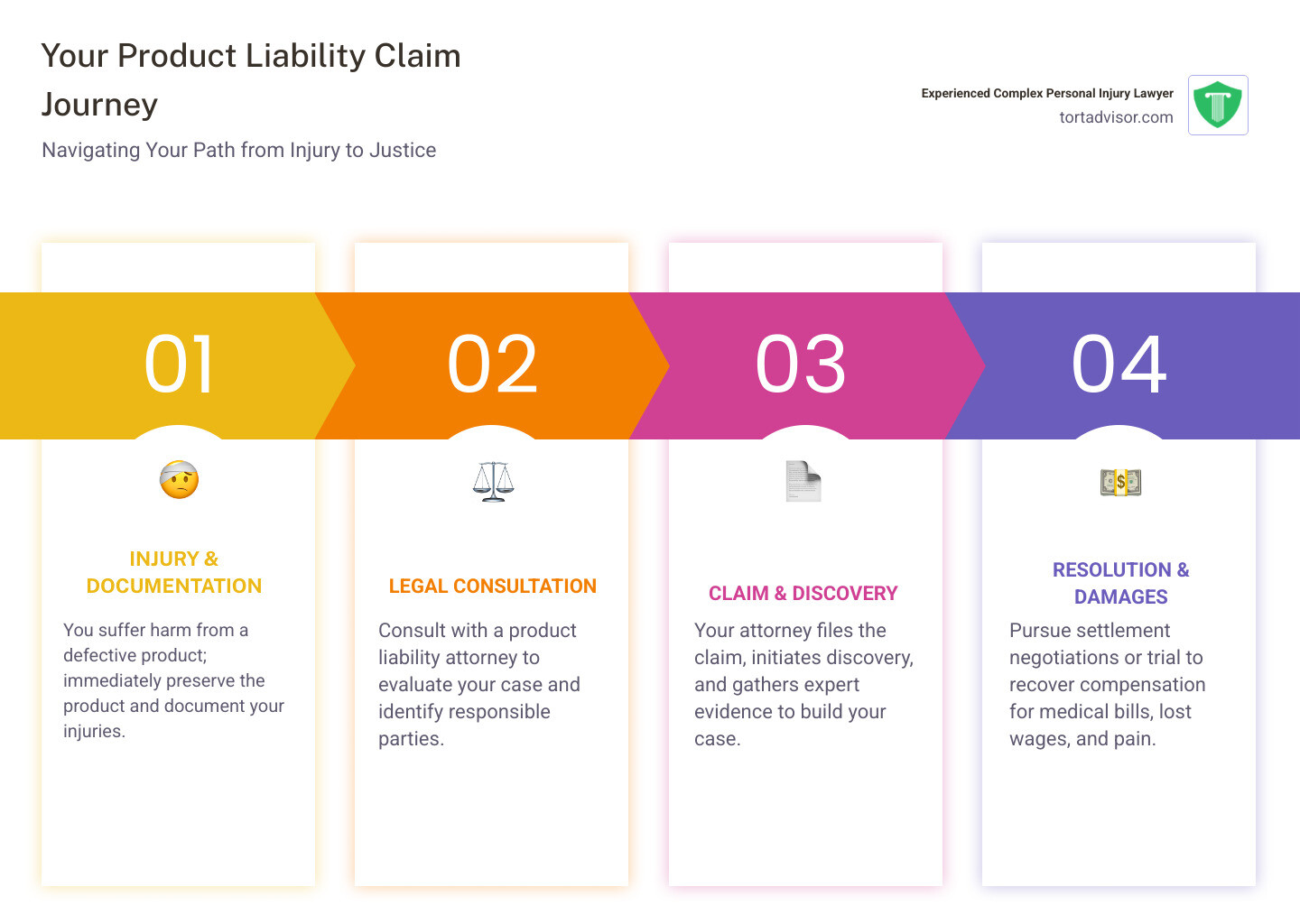 Infographic showing the product liability claim journey: 1. Injury occurs from defective product 2. Preserve product and document injuries 3. Consult with product liability attorney 4. Attorney investigates and identifies liable parties 5. File claim within statute of limitations 6. Discovery and expert testimony phase 7. Negotiation and settlement or trial 8. Recovery of damages for medical bills, lost wages, and pain and suffering - product liability injury infographic pillar-4-steps Infographic showing the product liability claim journey: 1. Injury occurs from defective product 2. Preserve product and document injuries 3. Consult with product liability attorney 4. Attorney investigates and identifies liable parties 5. File claim within statute of limitations 6. Discovery and expert testimony phase 7. Negotiation and settlement or trial 8. Recovery of damages for medical bills, lost wages, and pain and suffering - product liability injury infographic pillar-4-steps