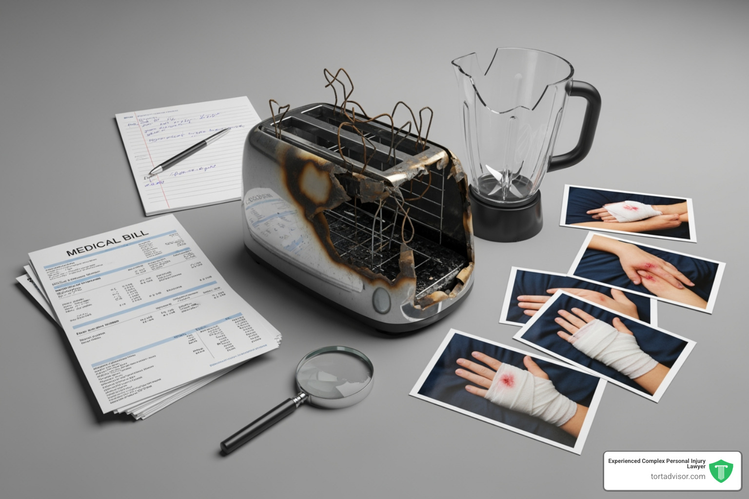 Image of evidence including a defective product, medical bills, and photos of an injury - product liability injury Image of evidence including a defective product, medical bills, and photos of an injury - product liability injury