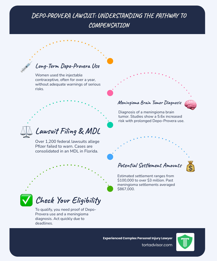 Infographic showing the pathway from Depo-Provera use to meningioma diagnosis to lawsuit filing, including key statistics: 5.6x increased risk with prolonged use, over 1,200 federal cases filed, estimated settlement ranges from $100,000 to $3+ million, and eligibility criteria requiring proof of Depo-Provera use and meningioma diagnosis - Depo-Provera lawsuit settlements infographic infographic-line-5-steps-blues-accent_colors