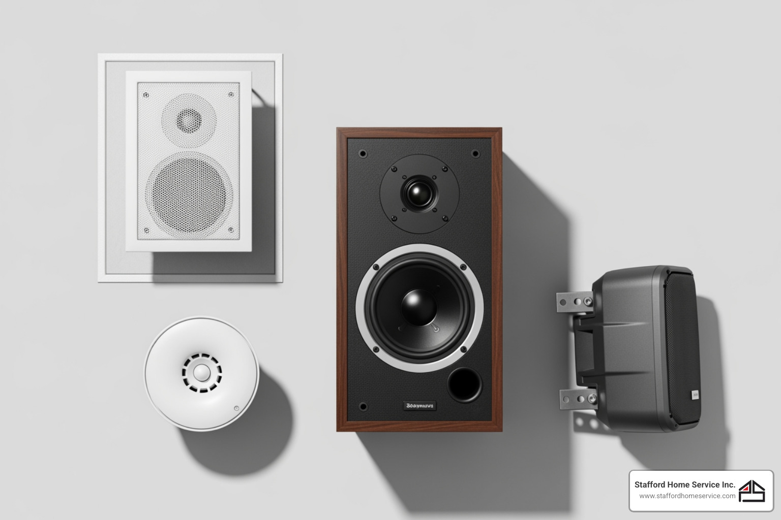 various speaker types including in-wall, in-ceiling, bookshelf, and outdoor speakers - whole home entertainment system