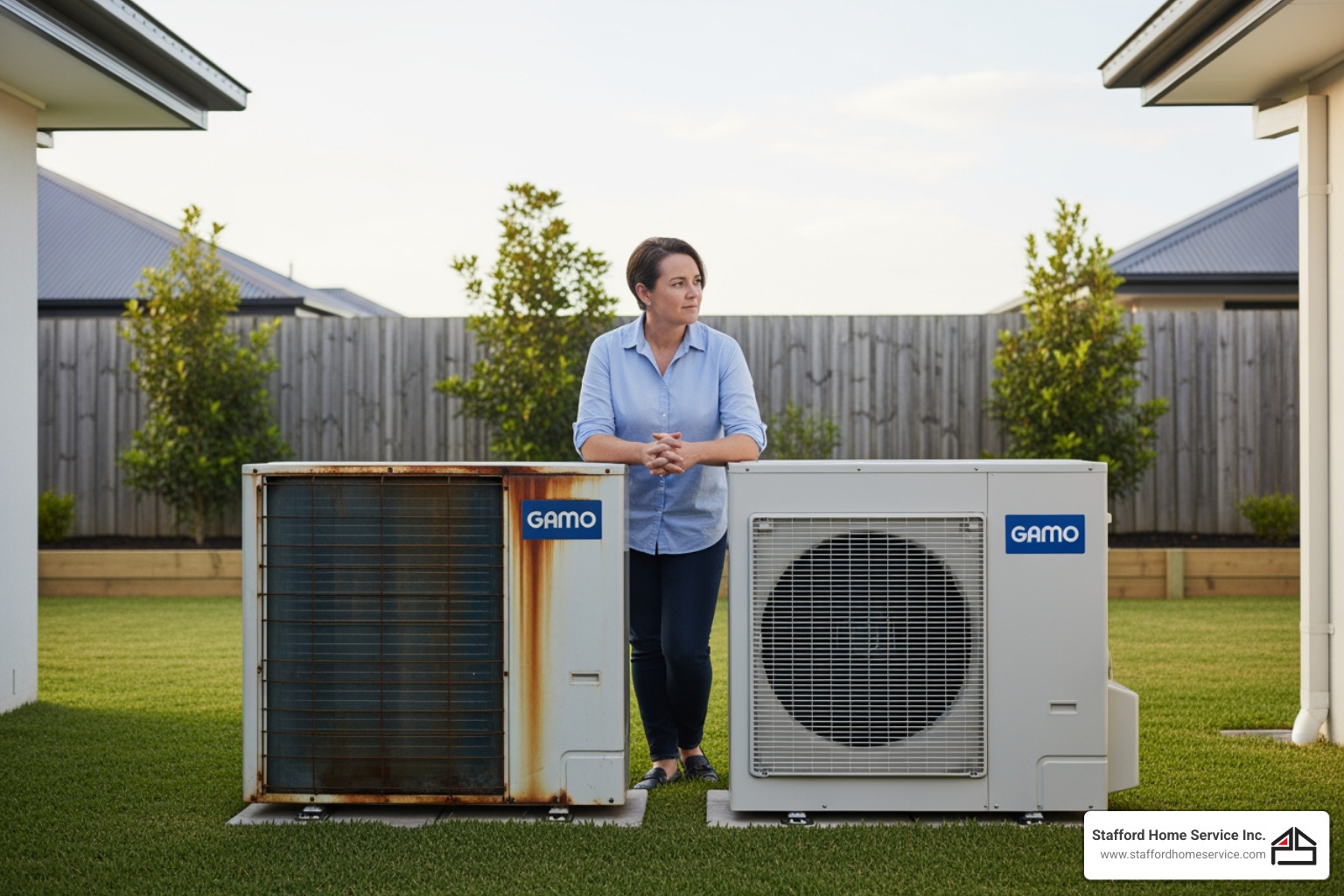 homeowner looking at an old heat pump and a new one - heat pump repair cost