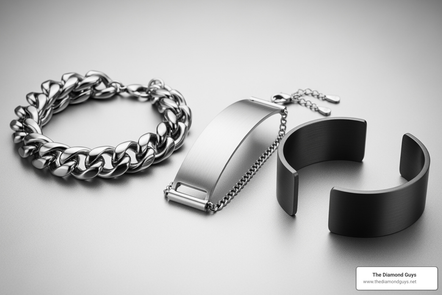 three different styles of men's bracelets: metal chain, ID, and cuff - custom men's bracelet