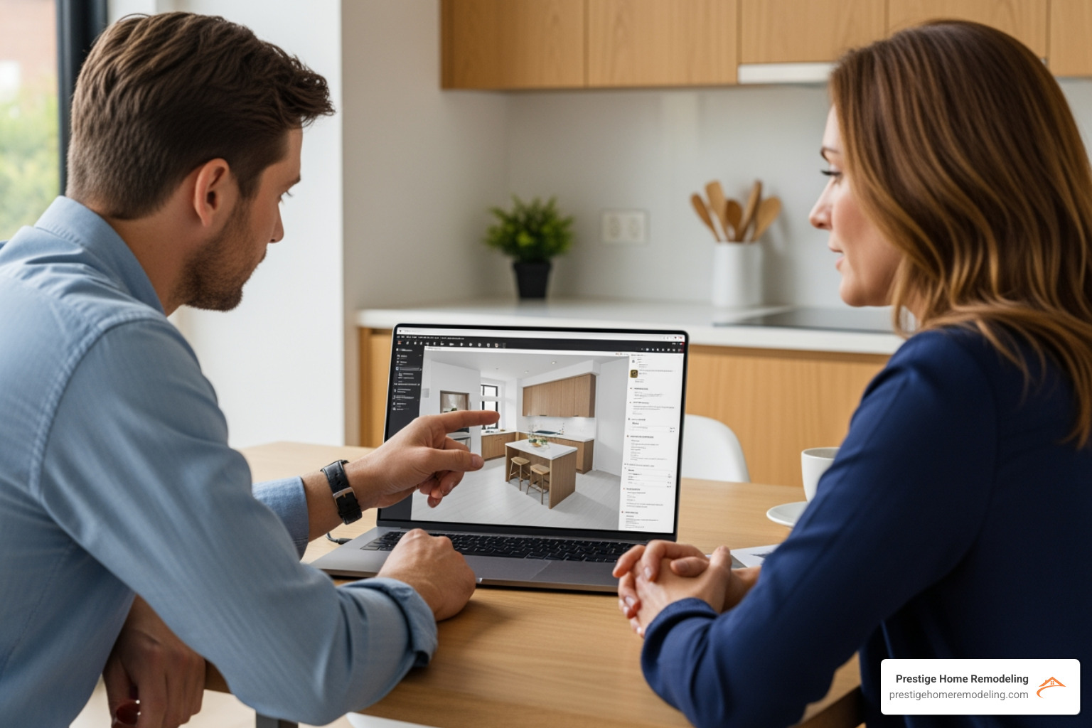 designer and homeowner reviewing 3D kitchen renderings - professional kitchen remodeling company