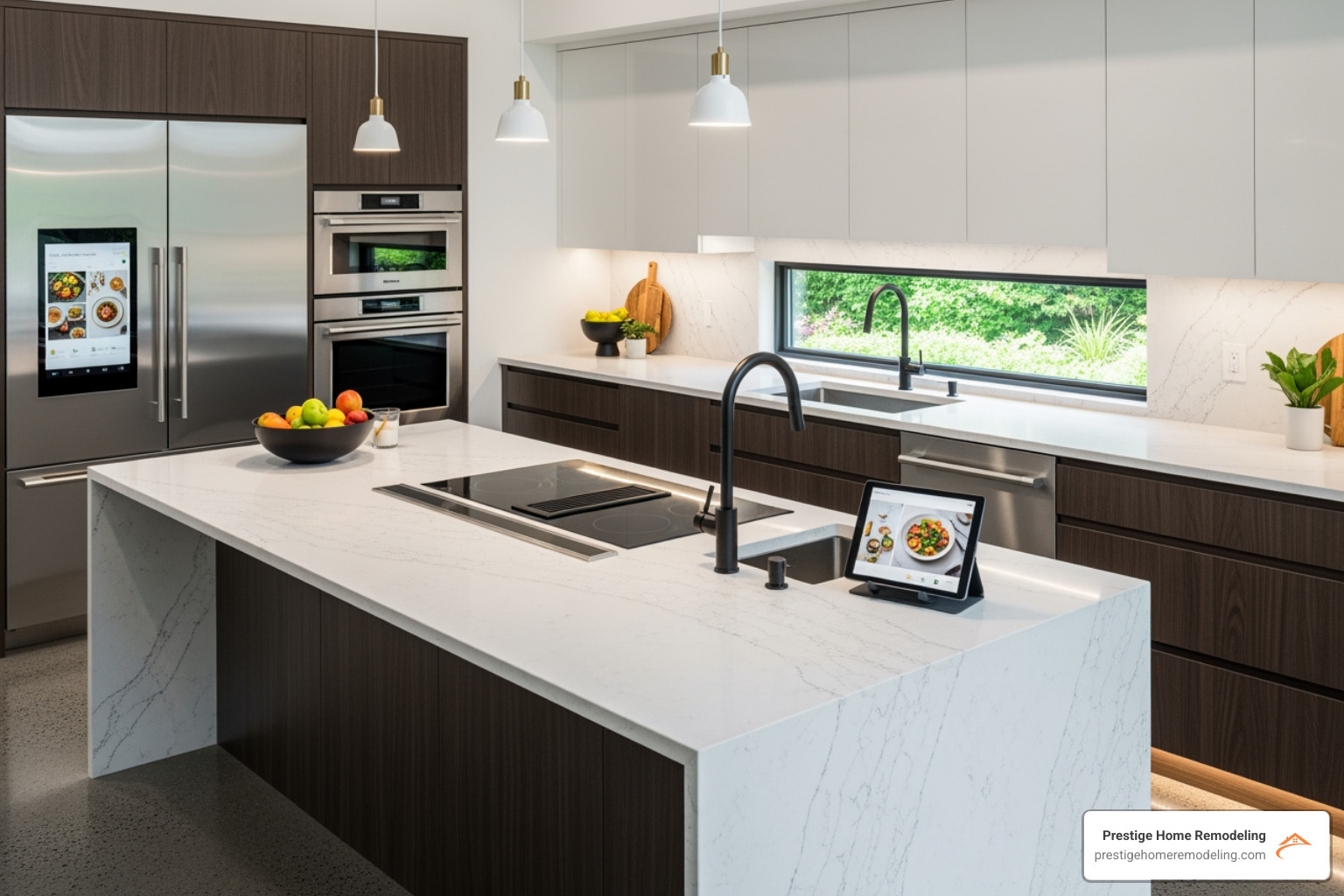 modern kitchen with a quartz waterfall island and smart appliances - professional kitchen remodeling company