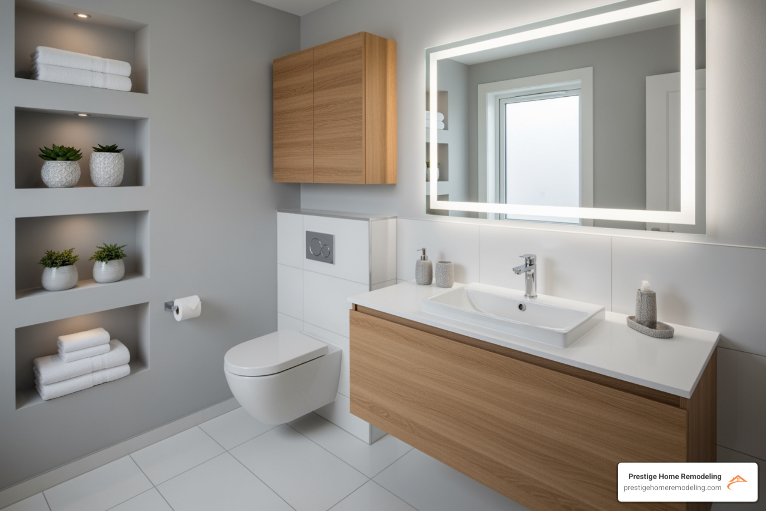 small bathroom with a floating vanity, recessed shelving, and over-the-toilet storage - bathroom remodel ideas small bathroom with a floating vanity, recessed shelving, and over-the-toilet storage - bathroom remodel ideas