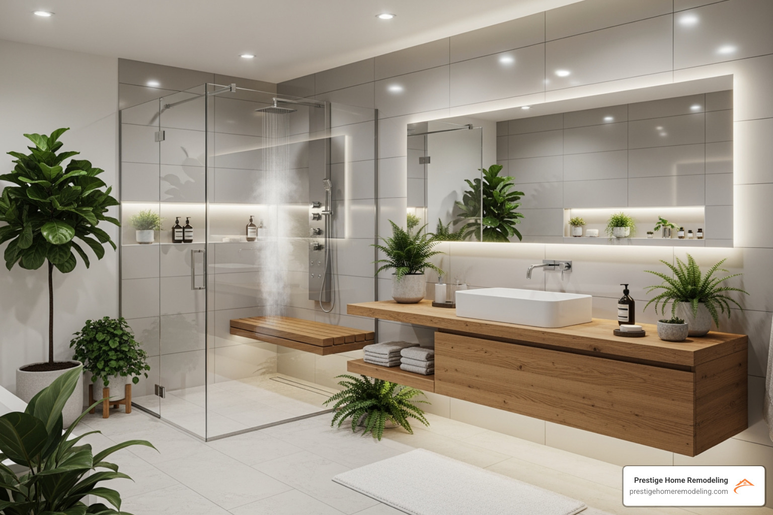 spa-like bathroom featuring a steam shower, natural wood vanity, and plants - bathroom remodel ideas spa-like bathroom featuring a steam shower, natural wood vanity, and plants - bathroom remodel ideas