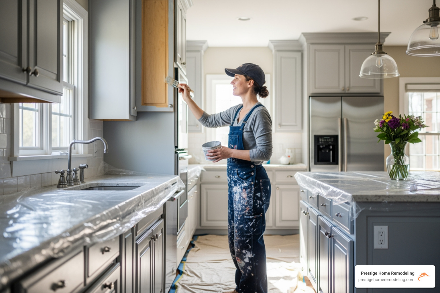 homeowner happily painting their kitchen cabinets - average kitchen remodel cost homeowner happily painting their kitchen cabinets - average kitchen remodel cost