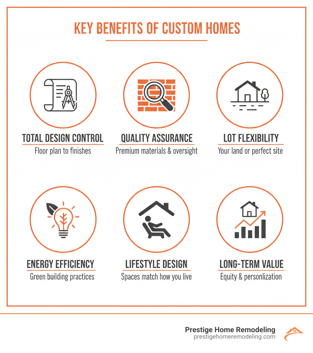 Infographic showing key benefits of custom homes: Total Design Control (choose every detail from floor plan to finishes), Quality Assurance (select premium materials and oversee construction), Lot Flexibility (build on your land or find the perfect site), Energy Efficiency (incorporate latest green building practices), Lifestyle Design (create spaces that match how you live), Long-term Value (build equity with quality construction and personalization) - custom home builders Maryland infographic Infographic showing key benefits of custom homes: Total Design Control (choose every detail from floor plan to finishes), Quality Assurance (select premium materials and oversee construction), Lot Flexibility (build on your land or find the perfect site), Energy Efficiency (incorporate latest green building practices), Lifestyle Design (create spaces that match how you live), Long-term Value (build equity with quality construction and personalization) - custom home builders Maryland infographic