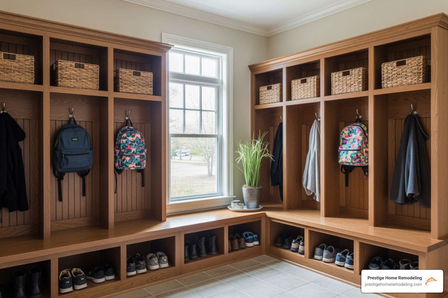 A custom built-in mudroom with benches and cubbies, perfect for a busy family - custom built-ins Maryland