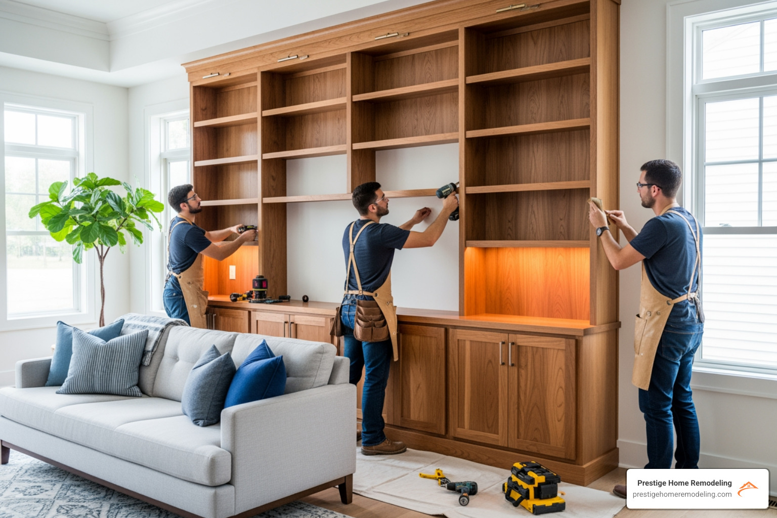 A team of craftsmen installing a custom built-in unit in a modern Maryland home - custom built-ins Maryland
