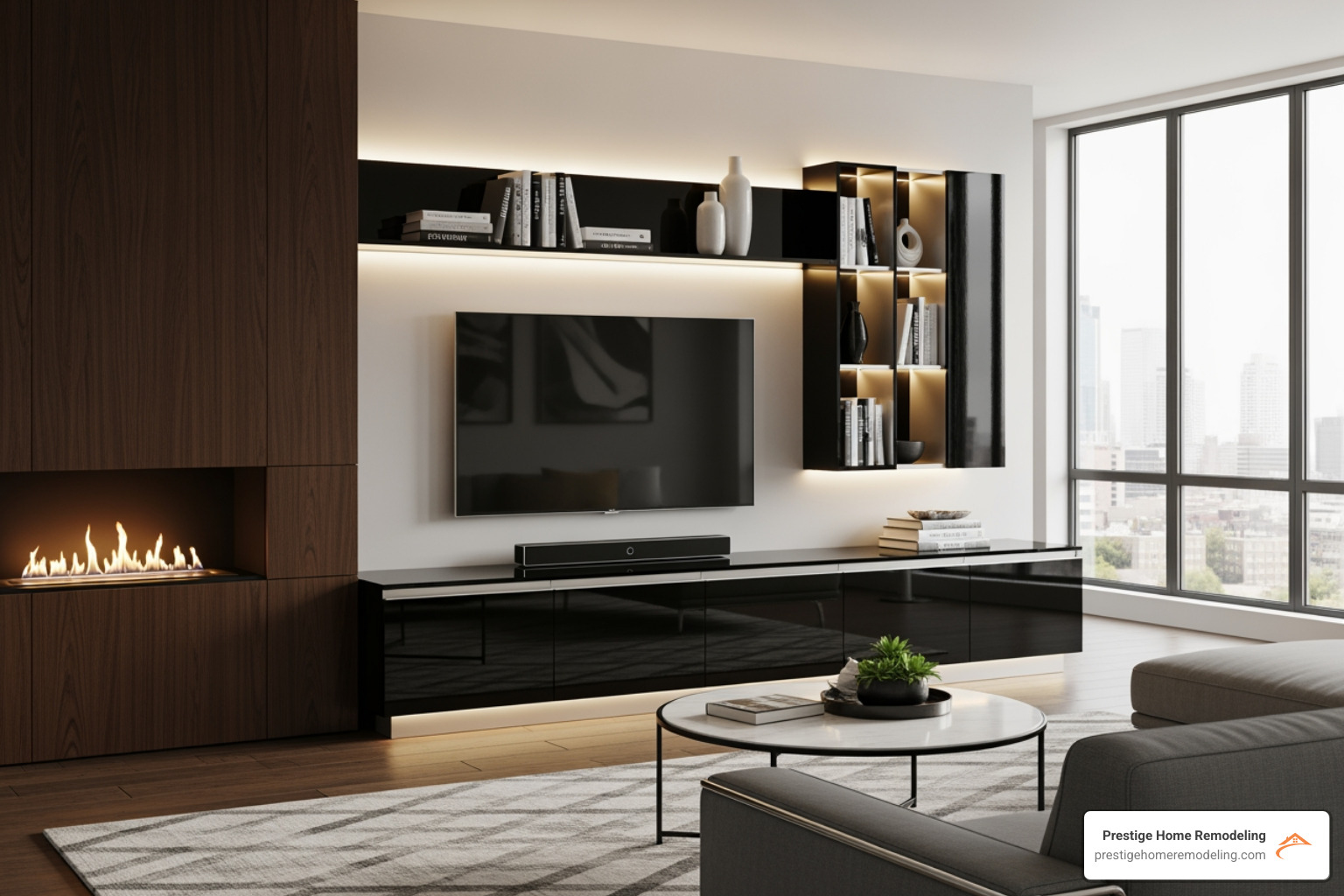 A sleek entertainment center with integrated lighting and hidden storage - custom built-ins Maryland