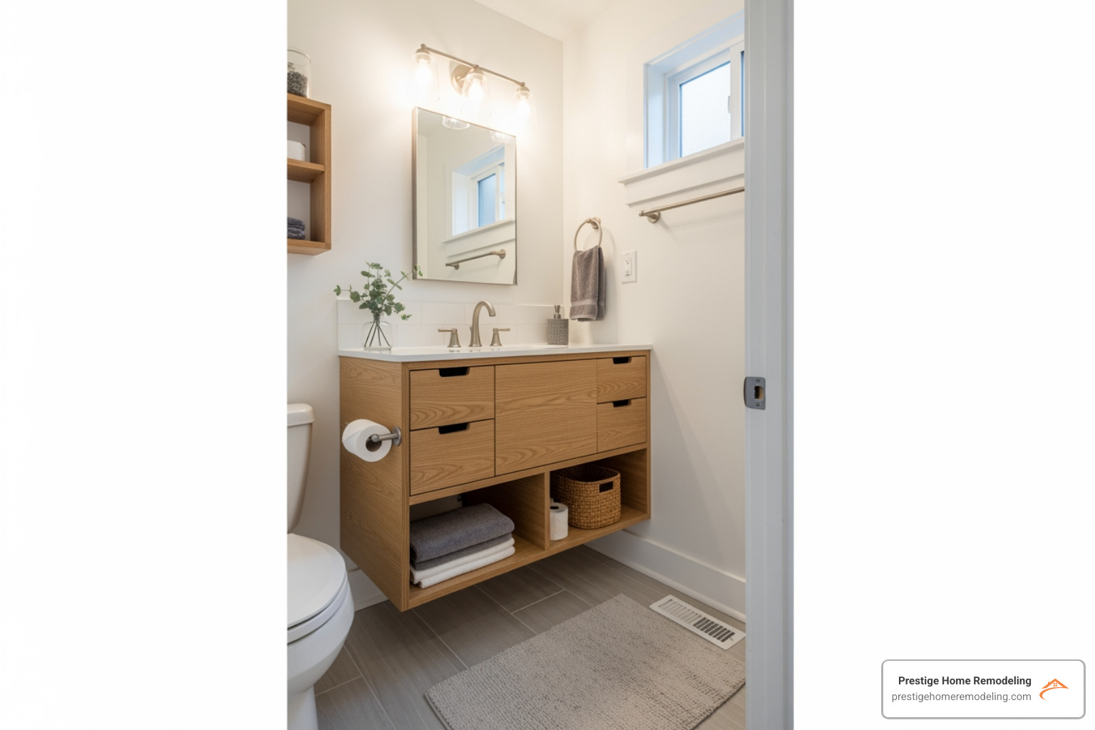 small but stylish Baltimore bathroom utilizing smart storage and light colors - how do you remodel your baltimore bathroom