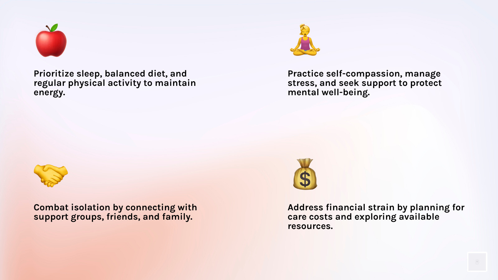 Key pillars of caregiver well-being: physical, emotional, social, and financial health - Nurturing caregiver well-being infographic 4_facts_emoji_light-gradient