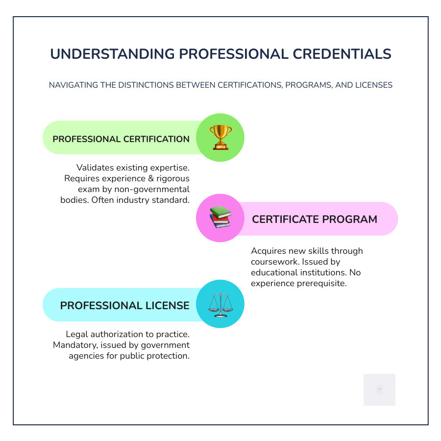 Comparison of Professional Certification, Certificate Program, and License - Professional Certification infographic infographic-line-3-steps-colors