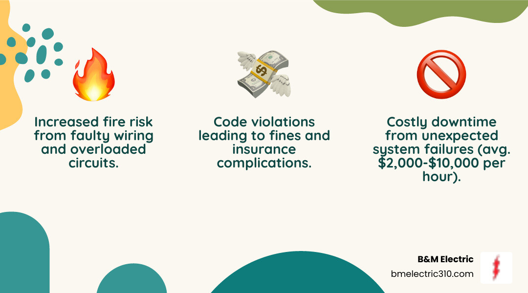 Infographic showing three critical consequences of neglecting commercial electrical maintenance: increased fire risk from faulty wiring and overloaded circuits, costly downtime from unexpected system failures averaging $2,000-$10,000 per hour, and code violations leading to fines and insurance complications - commercial electrical maintenance torrance infographic 3_facts_emoji_nature