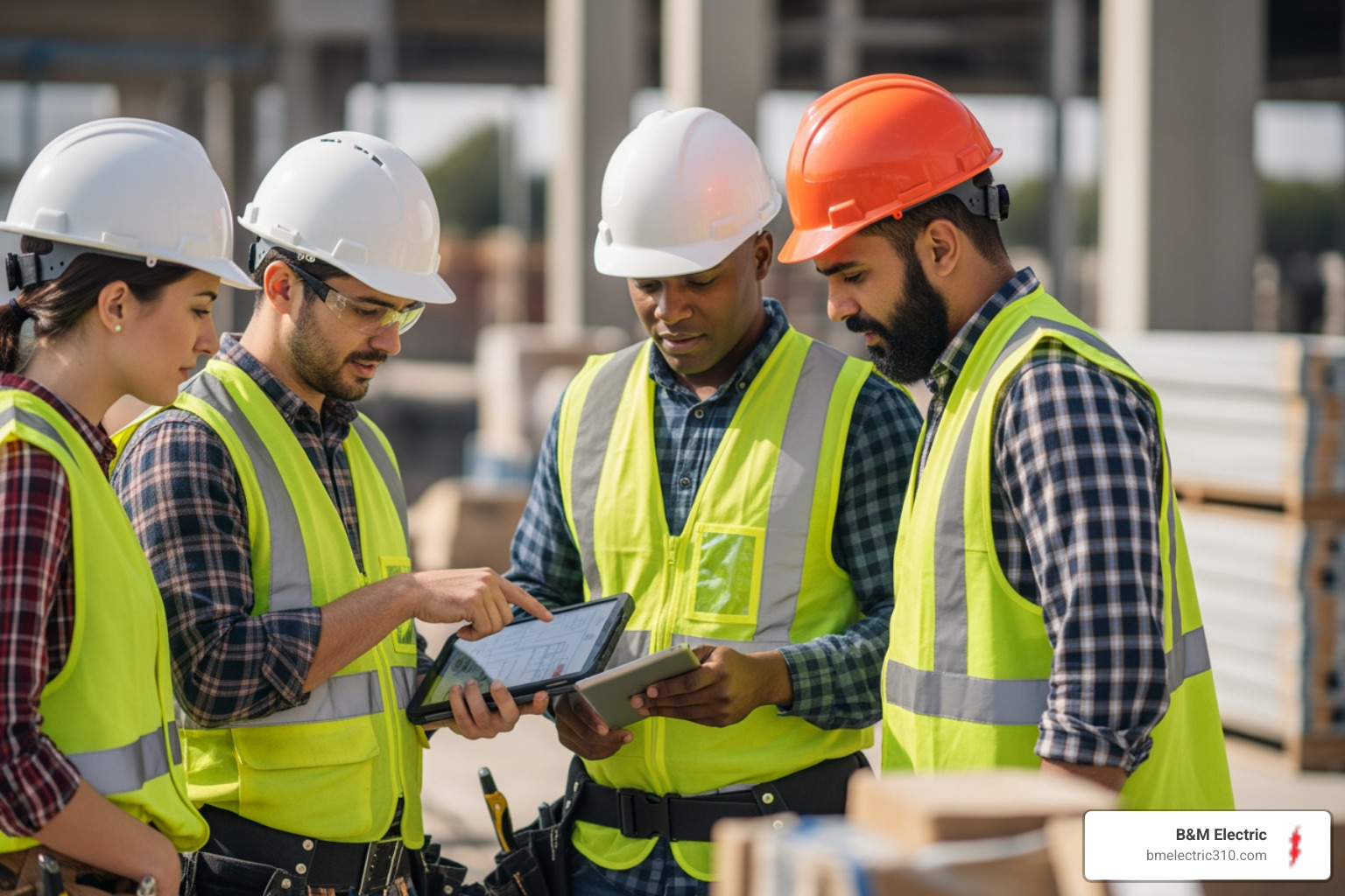 a team of commercial electricians discussing a maintenance plan - commercial electrical maintenance torrance