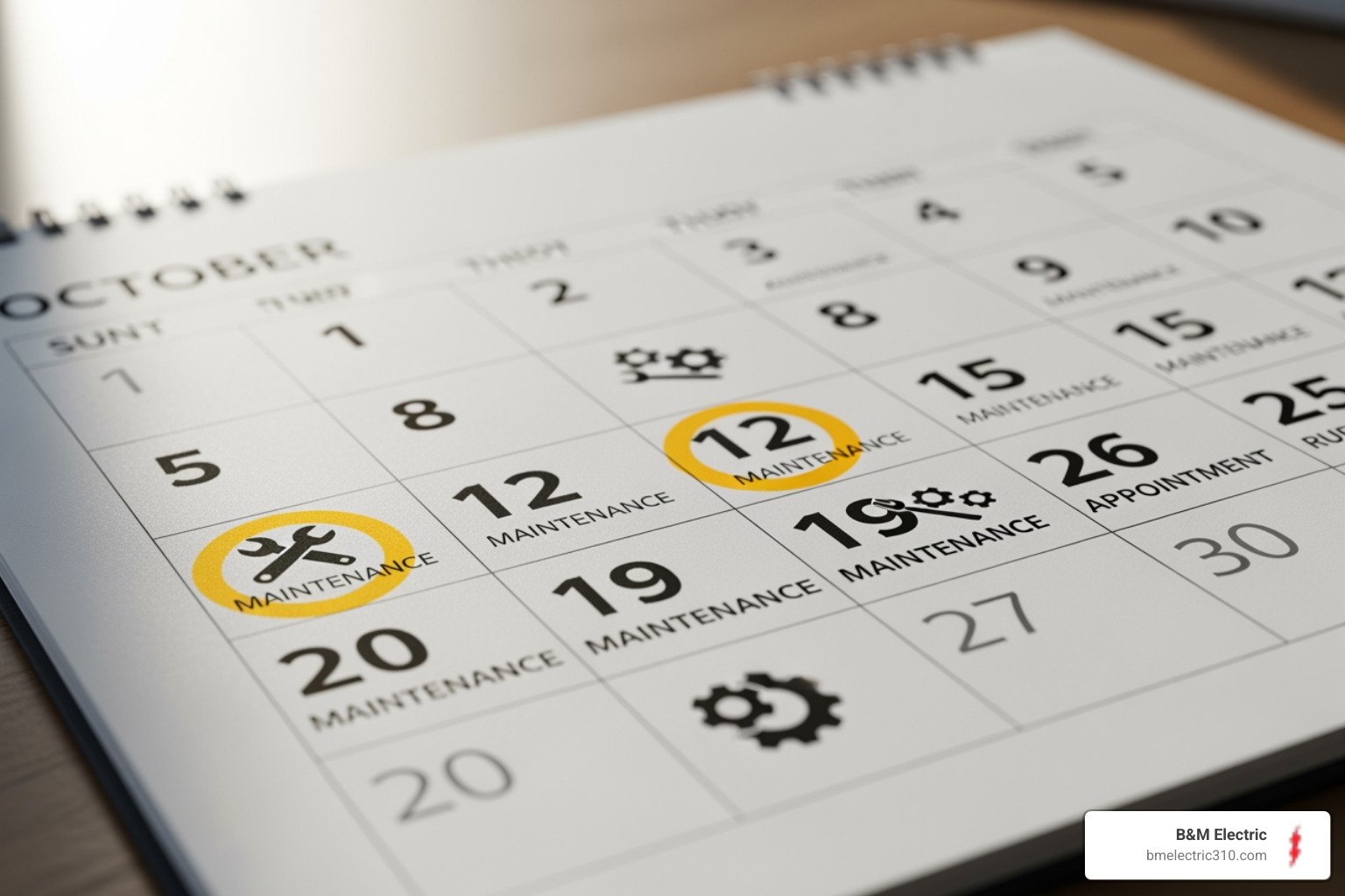a calendar with a recurring maintenance appointment highlighted - commercial electrical maintenance torrance