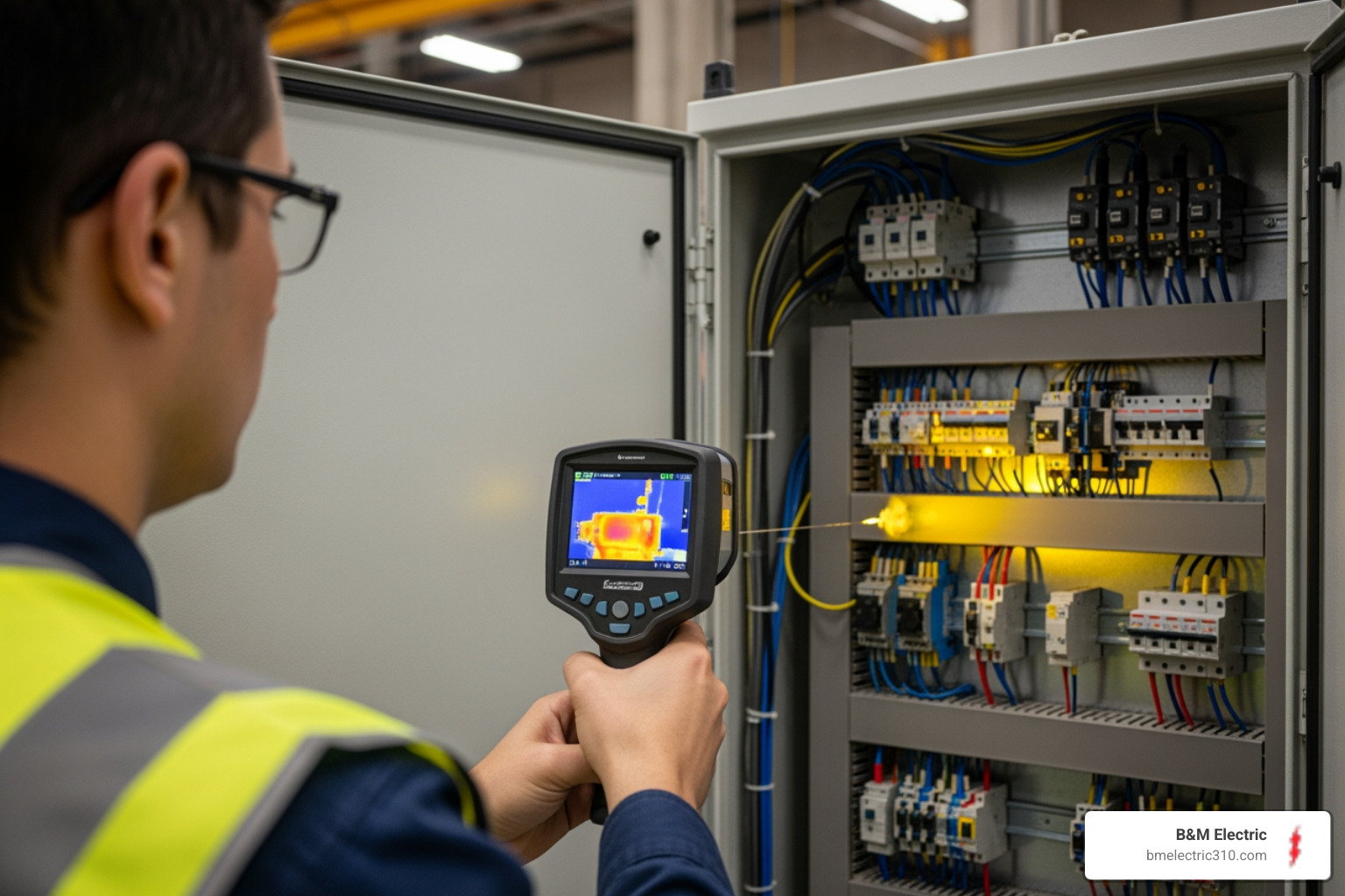 a technician performing a thermal imaging scan on an electrical panel - industrial electrical services torrance