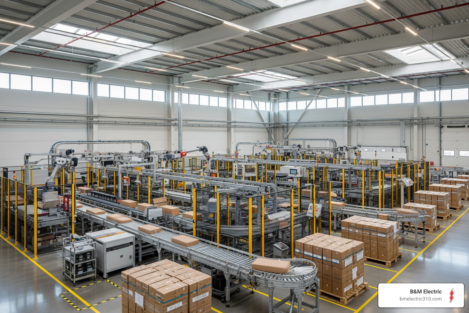 a well-lit, modern warehouse with complex machinery - industrial electrical services torrance