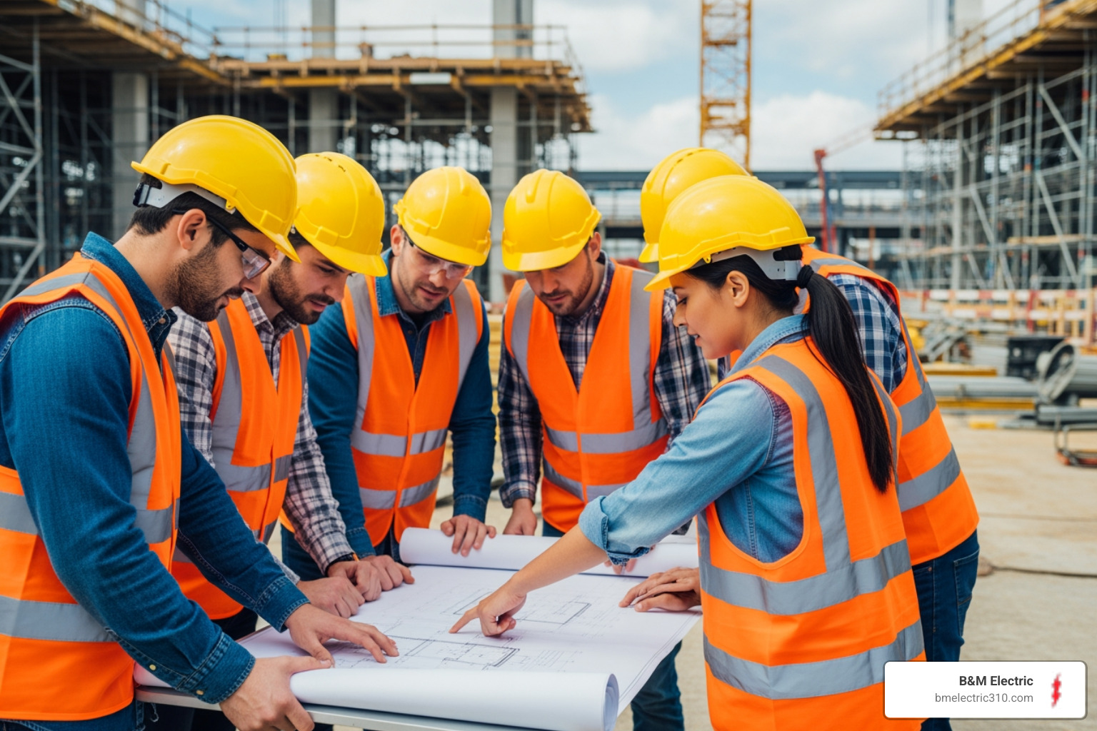 a team of professional electricians reviewing blueprints on-site - industrial electrical services torrance