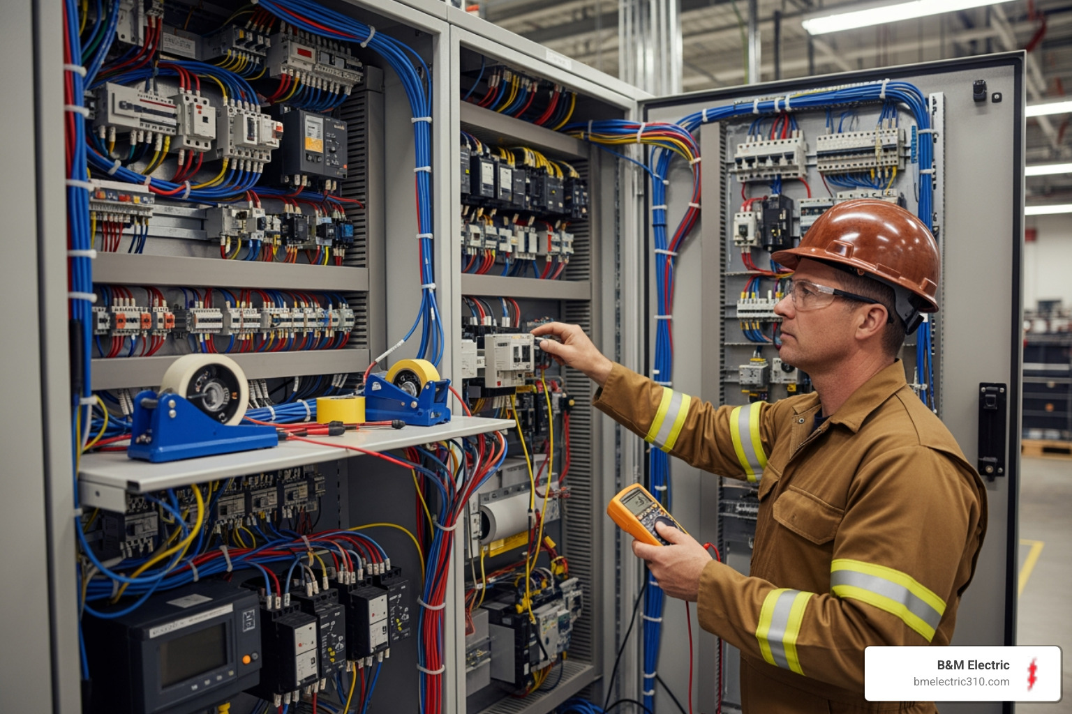 an electrician working on a complex motor control center - industrial electrical services torrance