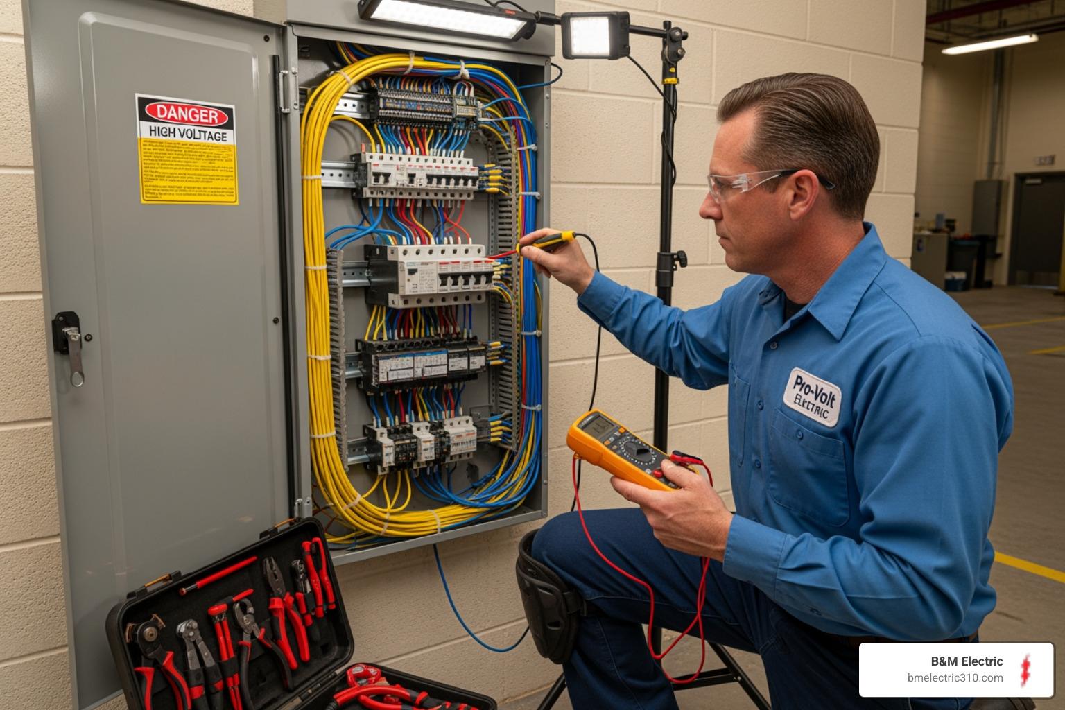 electrician working on a commercial electrical panel - commercial electrical contractor torrance