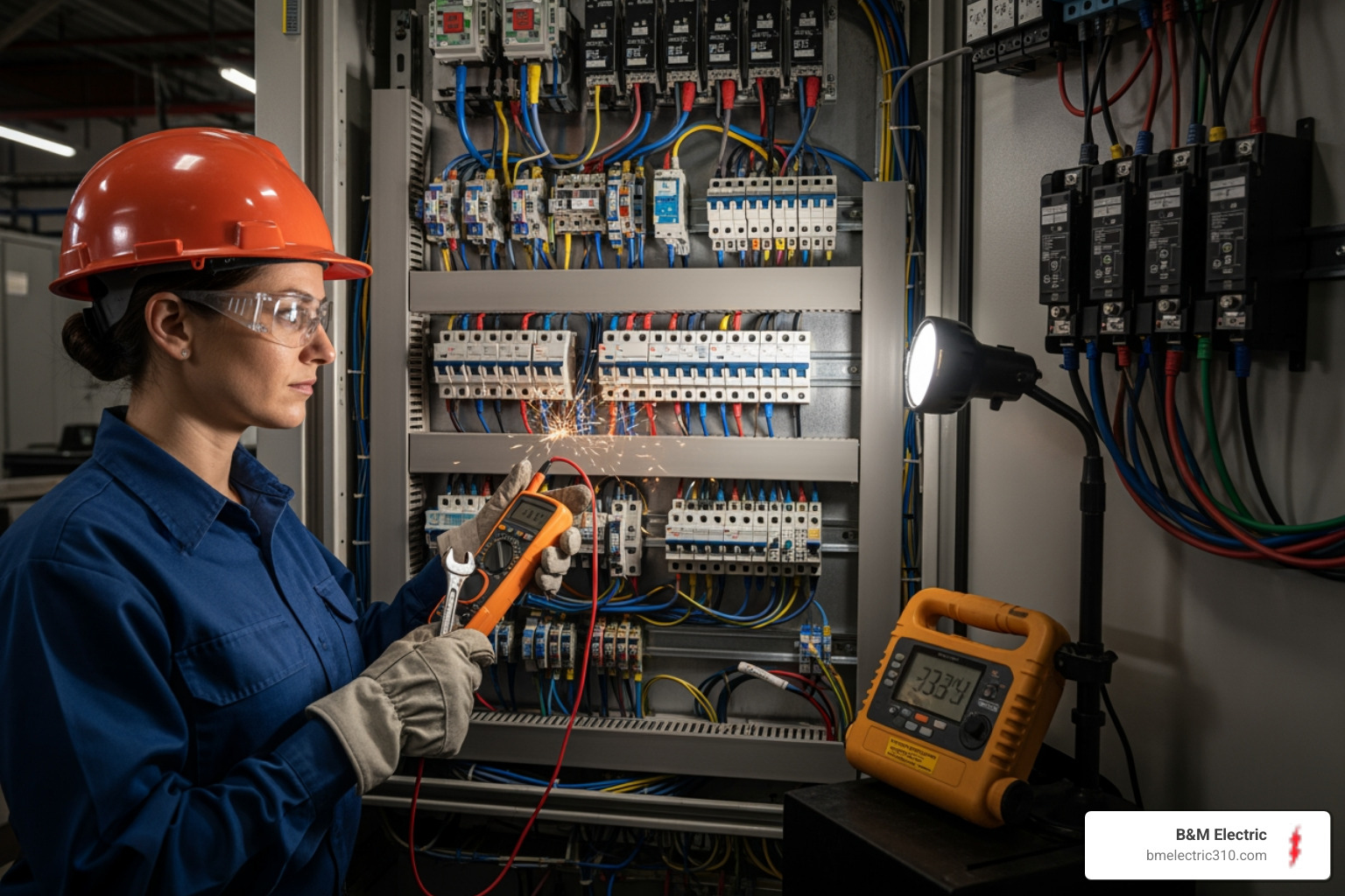 electrician working on a large three-phase power panel - commercial power upgrade torrance